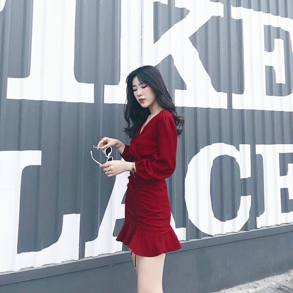 Đầm Nữ Tôn Dáng Cổ Chữ V Tay Lỡ Nhún Eo Họa Tiết Chân Váy Xòe Dạo Phố Siêu Xinh Main