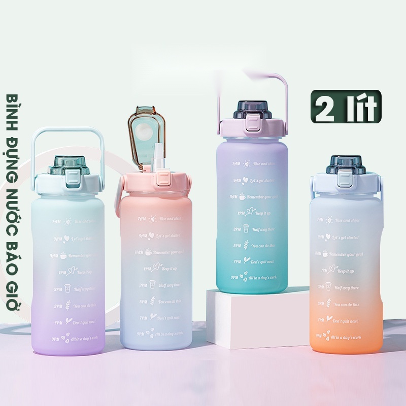 Bình nước 2L có vạch báo giờ uống nước - Bình đựng nước màu gradient bắt mắt có ống hút và sticker bibi90