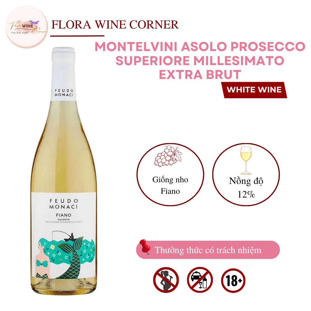 Rượu vang trắng Ý Feudo Monaci Fiano Salento - Nồng độ 12% Alc, 750ml - Nhập khẩu Chính Hãng