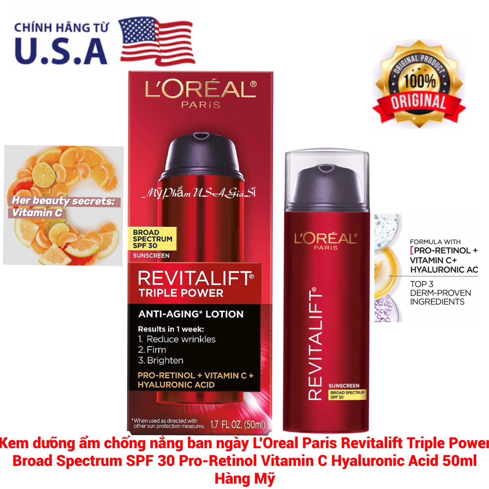 Kem dưỡng ẩm chống lão hóa, ngừa nếp nhăn làm sáng da ban LOreal Revitalift Triple Power Lotion SPF 30 Hàng Mỹ