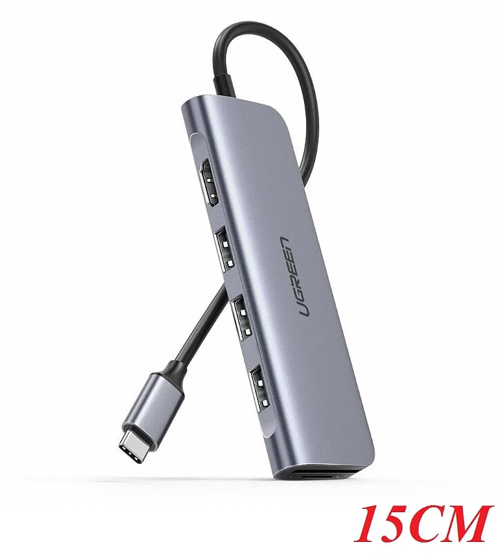 Ugreen 70410 15cm bộ chuyển đổi usb type-c sang hdmi + tf/sd + 3 cổng usb 3.0 màu bạc không hỗ trợ pd nw121