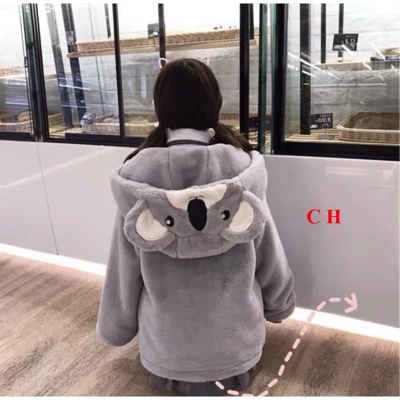 Áo kHoác Lông KHóa Dây Kéo Mũ Gấu Dễ Thương
