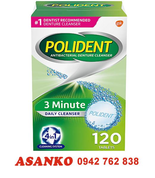 [USA Date 2026] Viên sủi làm sạch răng hàm giả Polident 3 Minute Triple Mint Antibacterial Denture Cleanser 120 viên