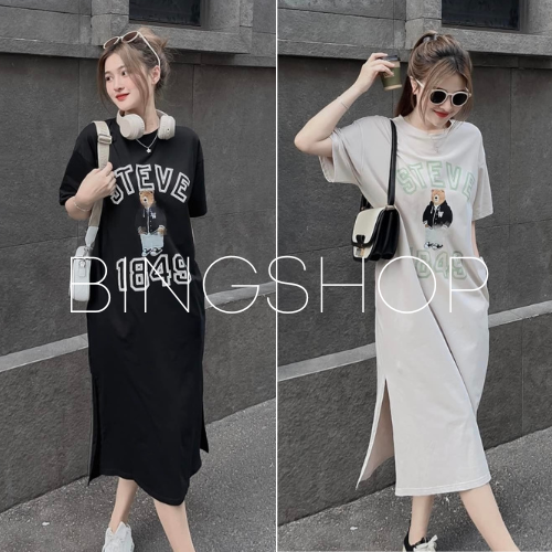 Guuhouse Váy suông nữ - đầm suông tay lỡ cổ tròn túi eo xẻ vạt in chữ