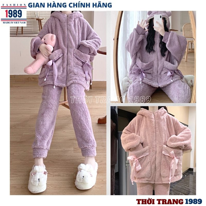 Bộ ngủ lông cừu mượt mà nơ túi, bộ ngủ lông nữ , bộ ngủ lông cừu nữ dễ thương hàn quốc, Sét bộ đồ nữ, áo lông nữ, quần lông nữ, áo lông tai gấu, áo khoác lông nữ ulzzang,bộ lông đồ ngủ nữ THỜI TRANG 1989