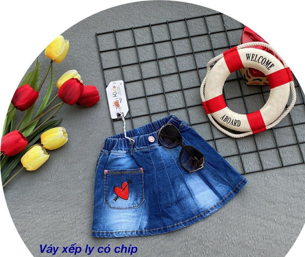 Chân váy jean bé gái kèm chip cho bé diện đi chơi, đi học 28-52Kg - Hàng VNXK