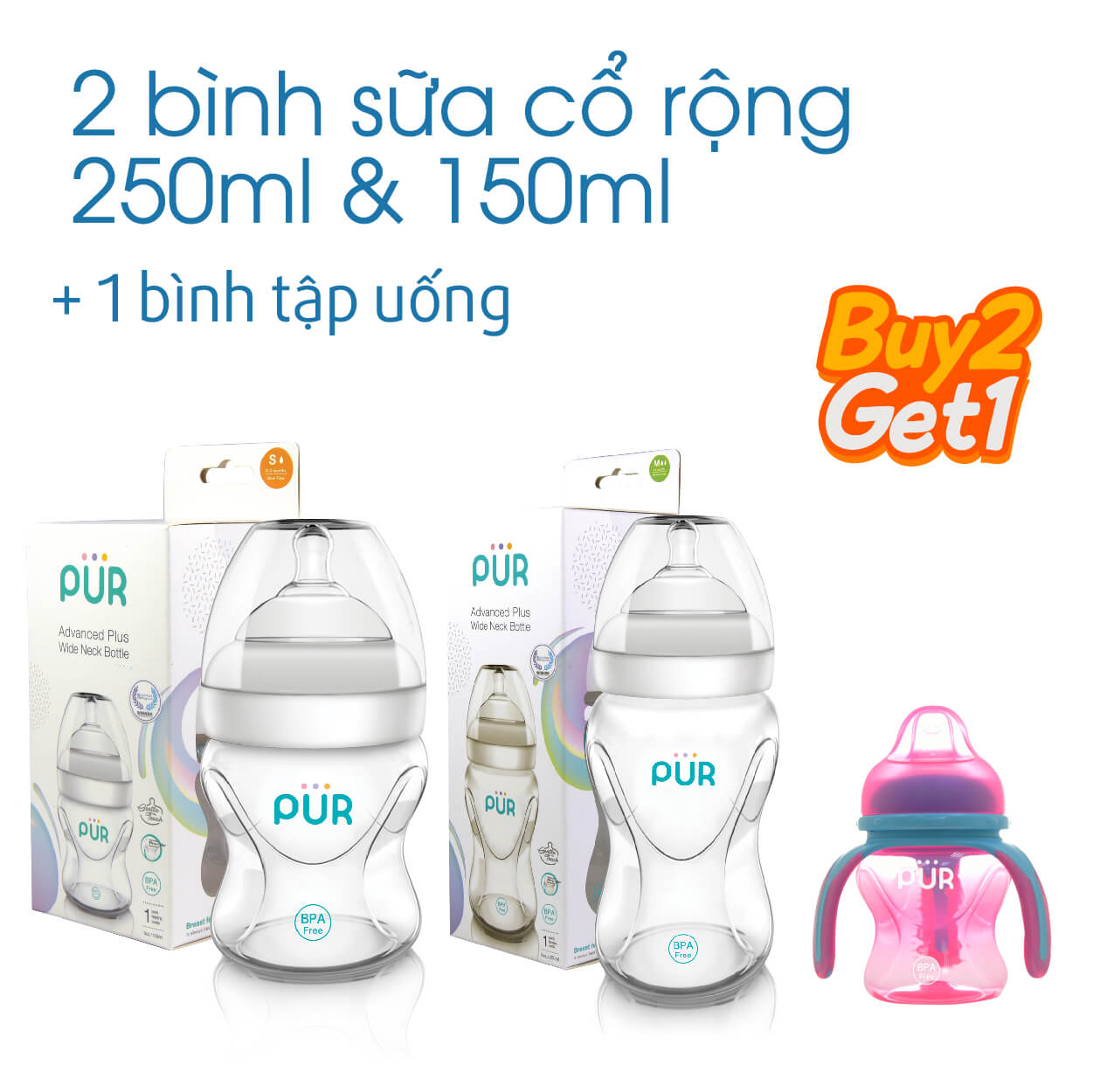 Combo 2 bình sữa Pur cổ rộng 150ml, 250ml, tặng 1 bình tập uống 3 quai