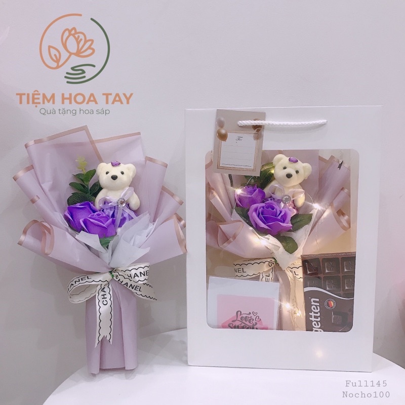 Set quà tặng valentine hoa sáp mix gấu bông + socola kèm túi thiệp