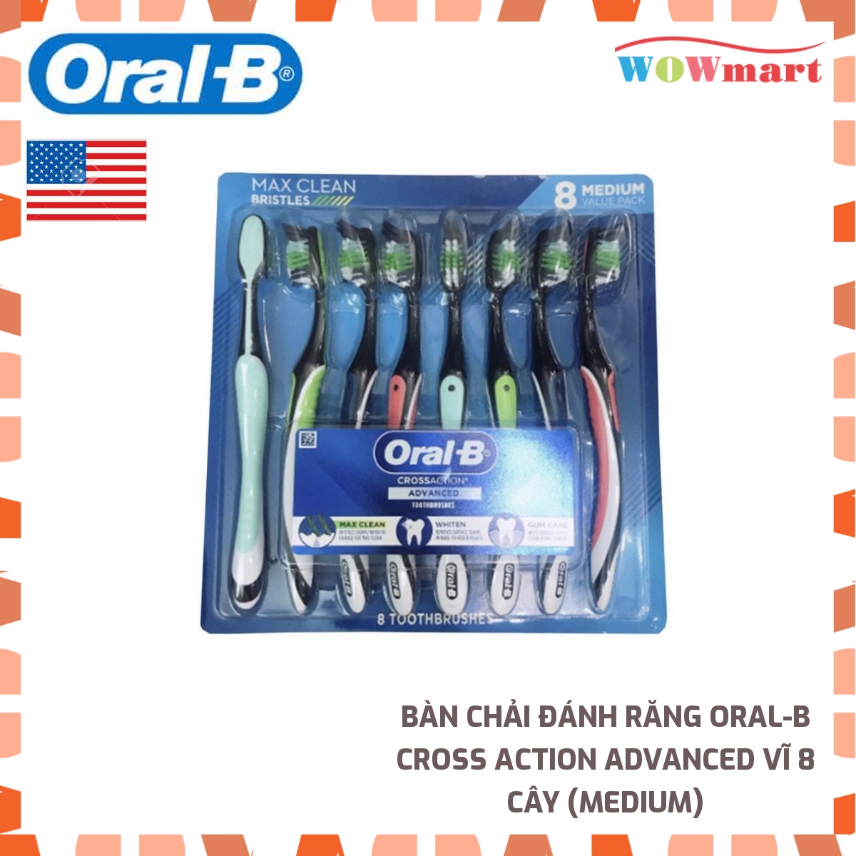 Bàn chải đánh răng Oral-B Cross Action Advanced Vĩ 8 cây - MỸ