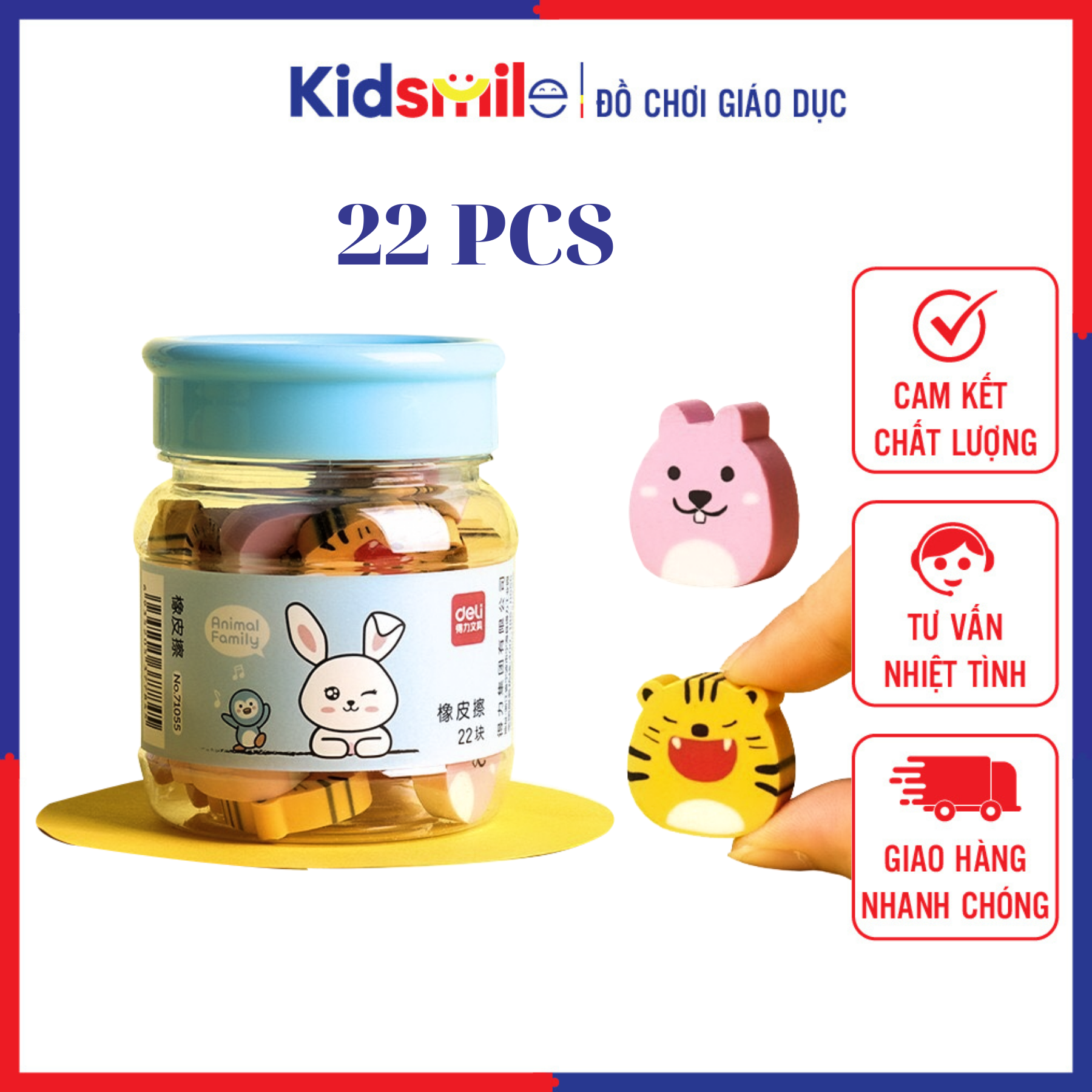 Hộp 22 cục tẩy Deli hình động vật siêu dễ thương, chất liệu polymer cao cấp, không gây bẩn giấy, bẩn tẩy sau khi sử dụng
