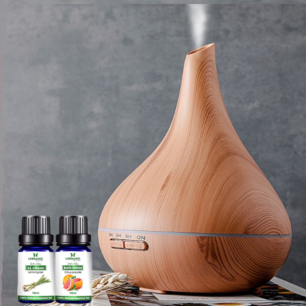 [HCM]Combo máy khuếch tán tinh dầu bình tửu vân gỗ vàng FX2042 + tinh dầu sả chanh + bưởi chùm Lorganic (10ml x 2)