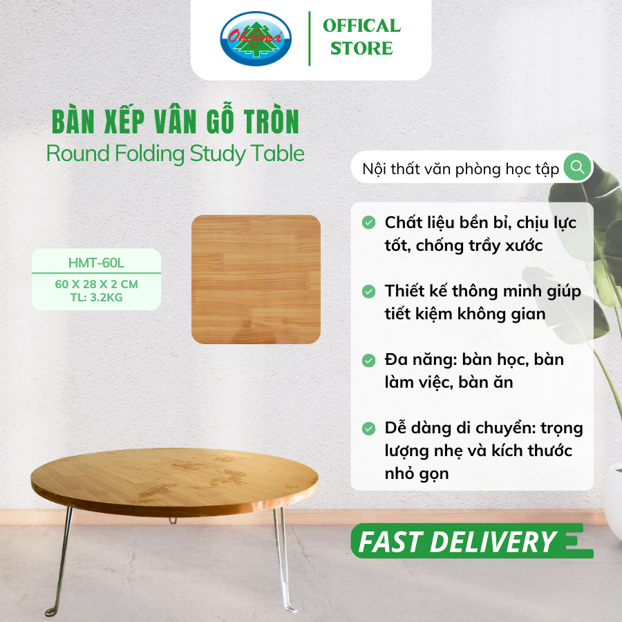 Bàn Xếp Tròn Học Sinh, Sinh Viên Vân Gỗ Gấp Gọn HMT-60L Bàn Ngồi Bệt Đa Năng Tiện Dụng Chính Hãng
