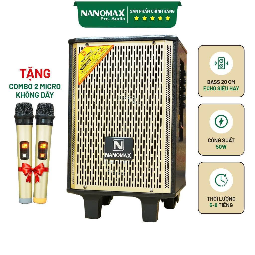 Loa Kéo Karaoke Mini Bluetooth Nanomax S-8C Bass 2 Tấc 20cm Công Suất 50W Có Đọc USB Thẻ Nhớ