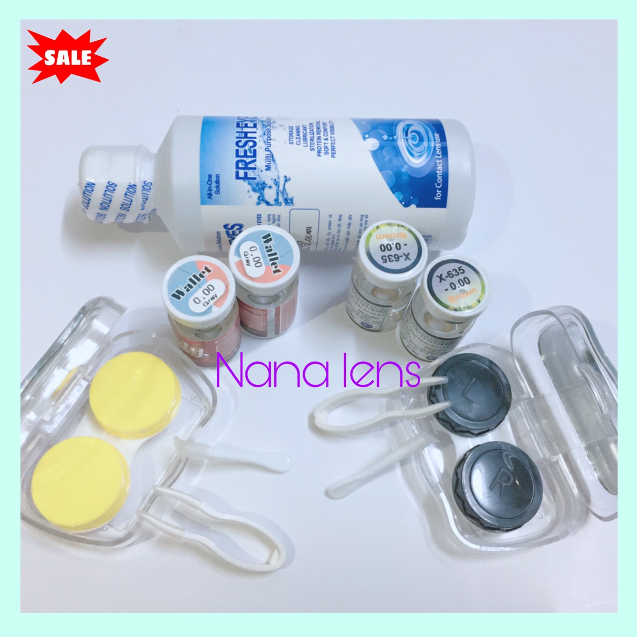 Combo 2 cặp lens - Kính áp tròng ( được chọn mẫu) sử dụng 1 năm + Nước ngâm lens ( tặng kèm 2 khay gương + dụng cụ đeo)