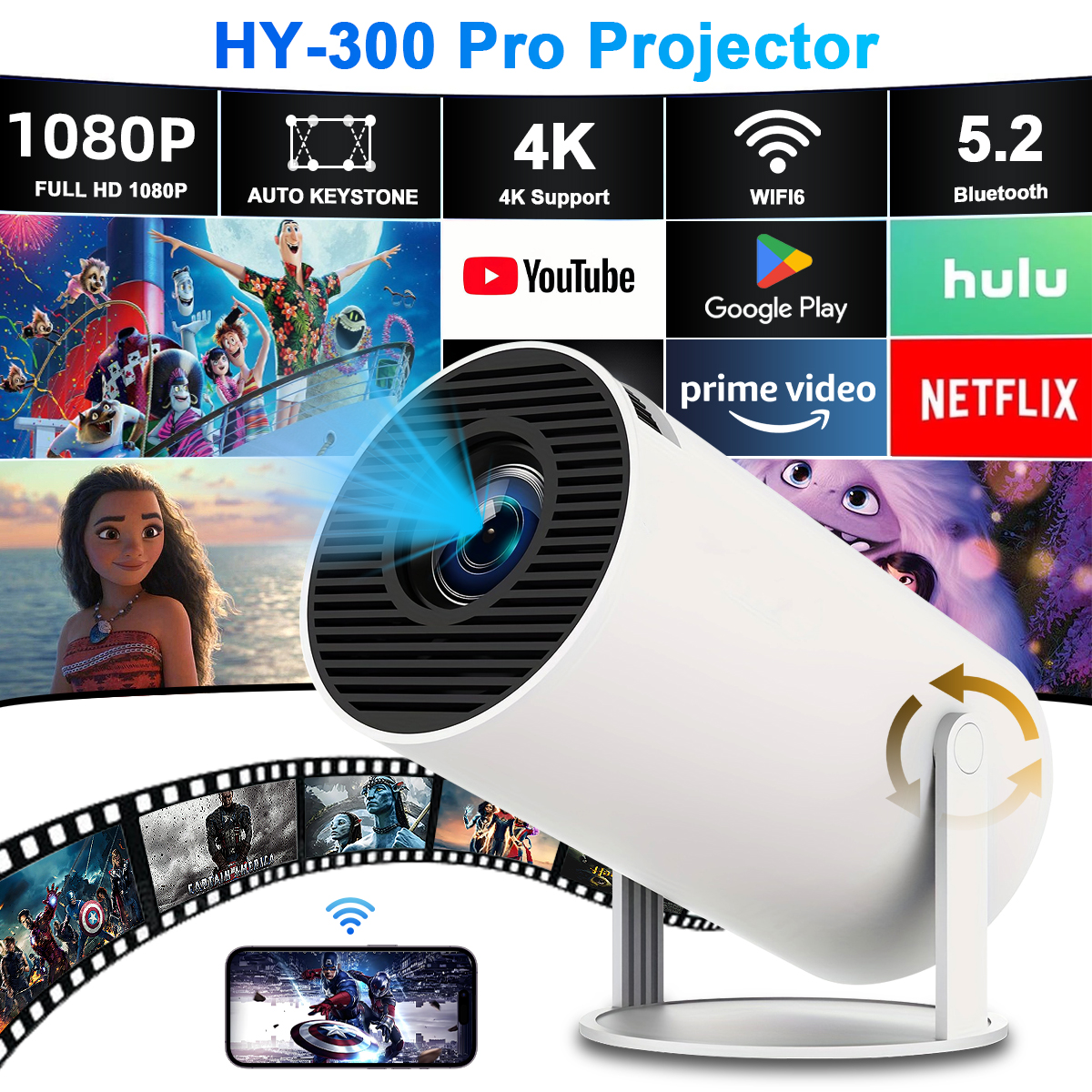 FEINODI Máy chiếu mini cầm tay Full HD 1080P hỗ trợ 4K Bluetooth 5.2 hỗ trợ trình chiếu không dây trên điện thoại di động và máy tính xách tay để tạo ra rạp chiếu phim thông minh