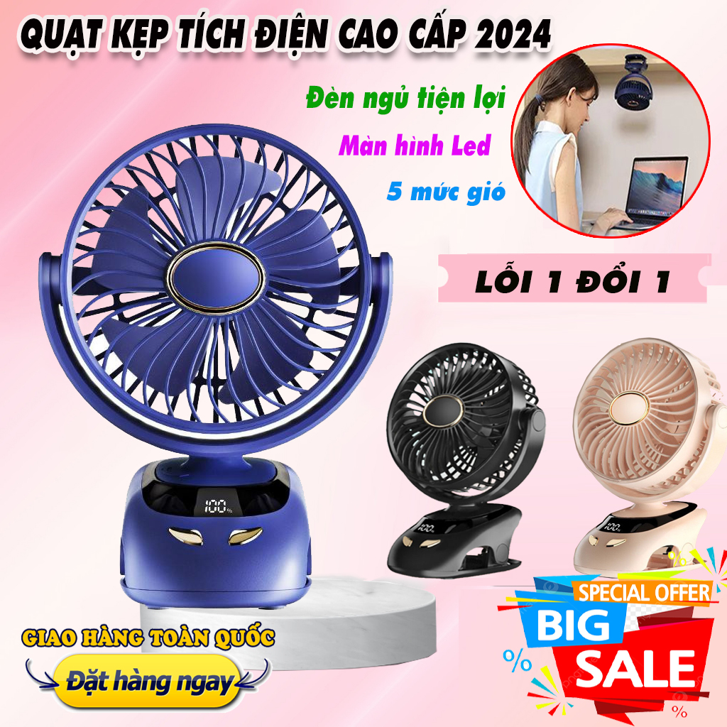 Quạt kẹp bàn sạc điện kiêm đèn ngủ cao cấp tiện hơn quạt đeo/treo cổ mini, quạt sạc tích điện cầm ta