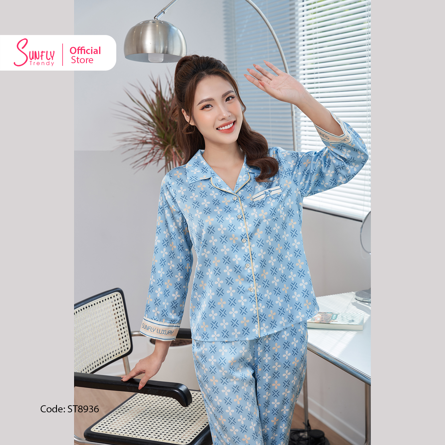 Bộ đồ mặc nhà nữ pyjamas lụa sunfly áo dài quần dài st8936