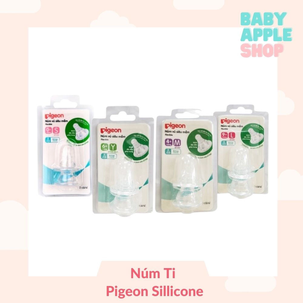 Núm ti pigeon sillicone cổ hẹp màu trong siêu mềm cho bé vỉ 2 cái