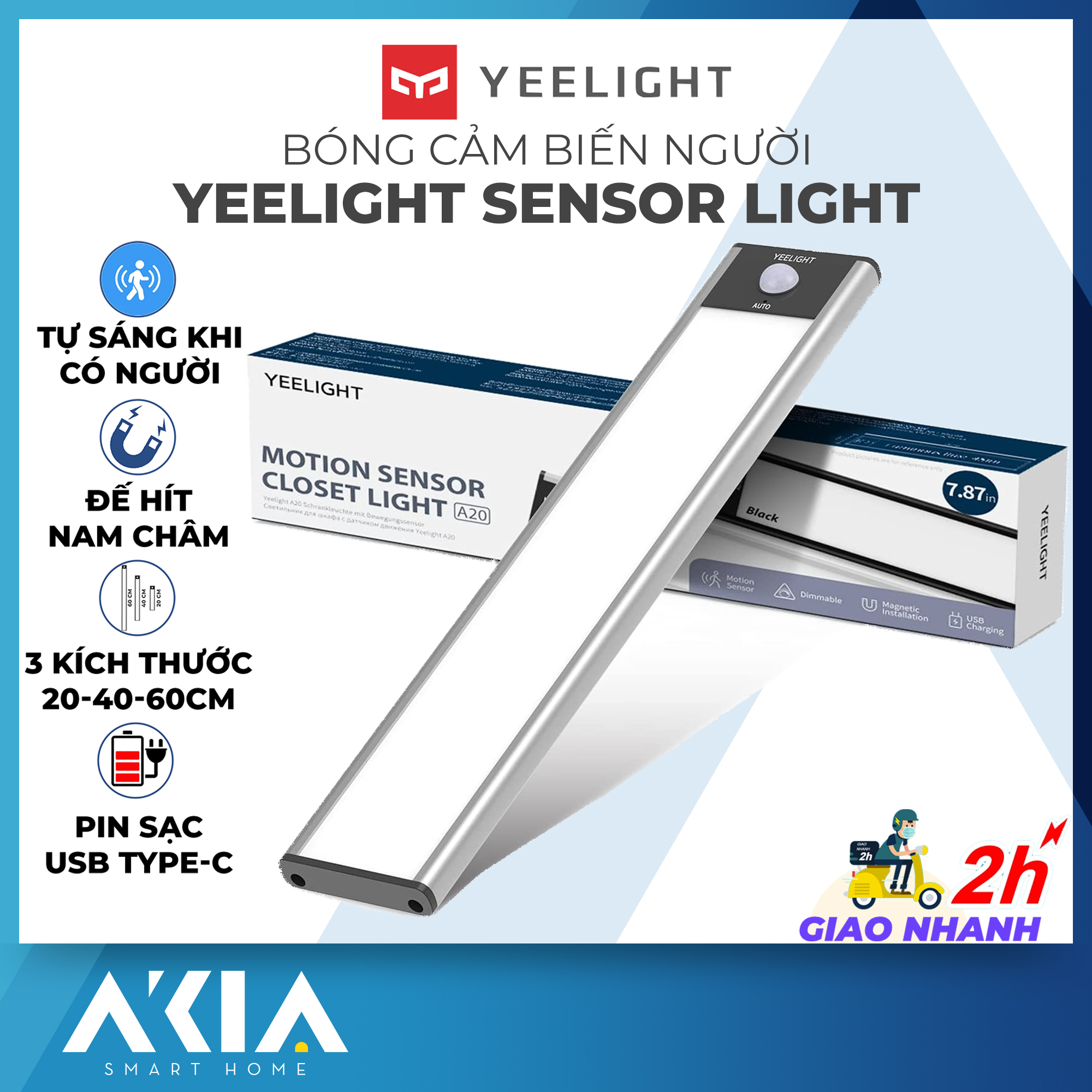 Đèn led thanh cảm biến tích điện Yeelight Sensor Cabinet Light, LED Thanh 20cm Yeelight , nhiệt độ màu 2700K, pin sạc type C - Dễ dàng lắp đặt