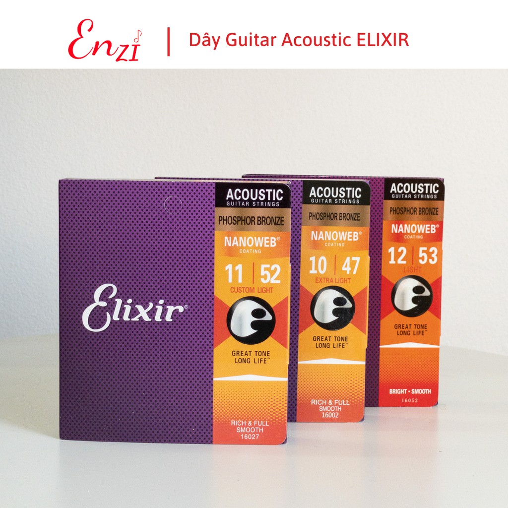 Dây đàn guitar acoustic elixir 16027 Phosphor Bronze Nanoweb cỡ 11 dây đàn Elixir 16052 và 16002 Enzi