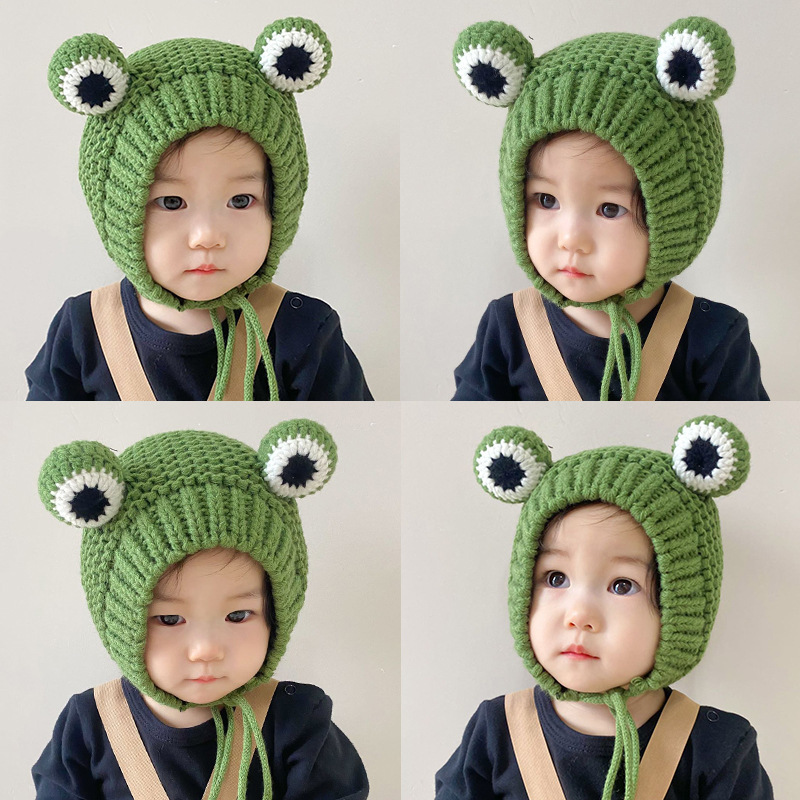(6 tháng - 3 tuổi) Mũ len đan móc trùm đầu họa tiết ếch có dây buộc cho bé, nón giữ ấm dễ thương đáng yêu - BL135