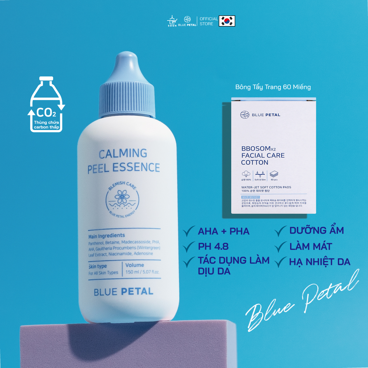 Tinh Chất Tẩy Tế Bào Chết Làm Dịu Da Cho Mọi Loại Da Kèm Bông Tẩy Trang 60 Miếng Blue Petal Calming Peel Essence 150ml