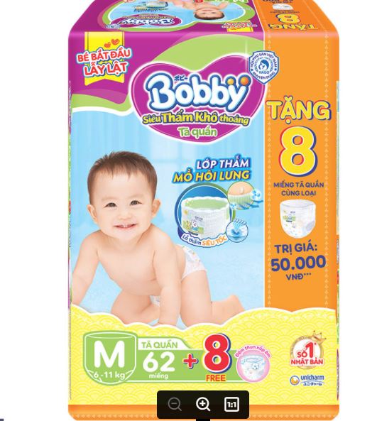Bỉm quần Bobby siêu thấm khô thoáng M62+8 miếng