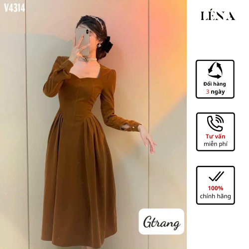 Váy nhung cổ vuông dáng xòe tiểu thư - váy công chúa xếp ly cổ lượn vintage léna closet