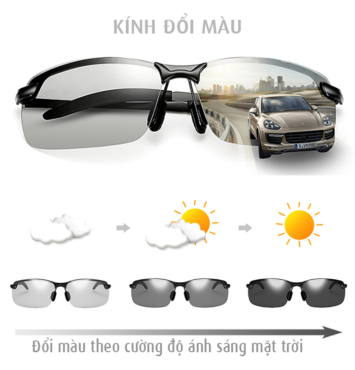 Kính đổi màu nam gọng kim loại nhẹ, kính polarized phân cực chống chói, chống tia UV 400 - MK1911