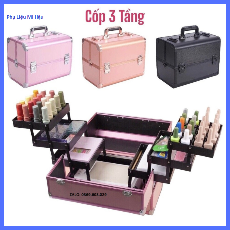 Cốp 3 tầng đựng đồ nail,mi, phun xăm, trang điểm,cốp nhôm 2 khuy size 37x29x23 hộp đựng đồ nghề make up,tủ nhôm loại lớn,cốp nhôm đựng đồ nghề make up 3 tầng_ phụ liệu mi hậu
