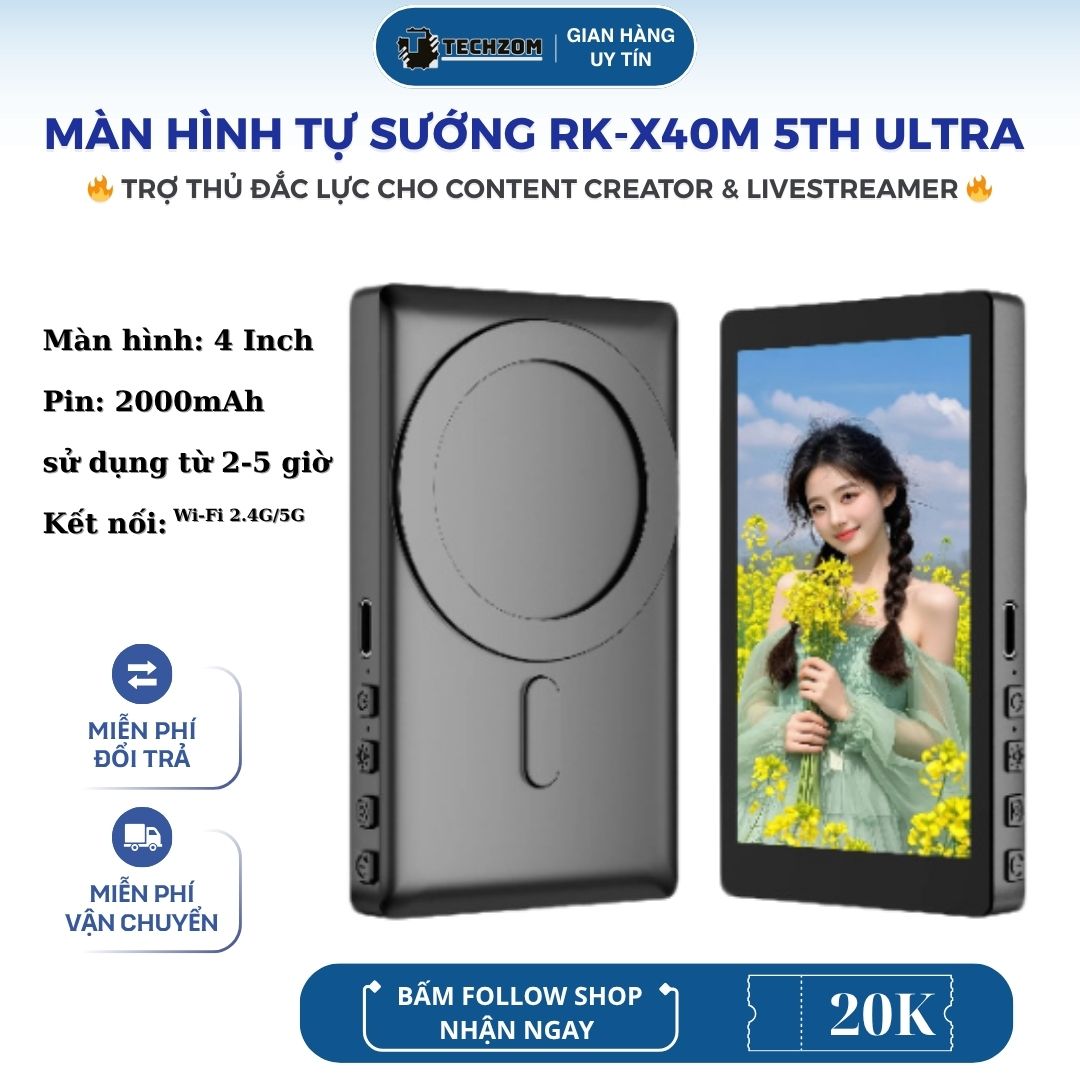 Màn Hình Tự Sướng RK-X40M 5th (7in1 Ultra) Hỗ Trợ Livestream Quay Video Vlog Lấy Nét, Đồng Bộ Màn Hình Không Dây 4 Inch