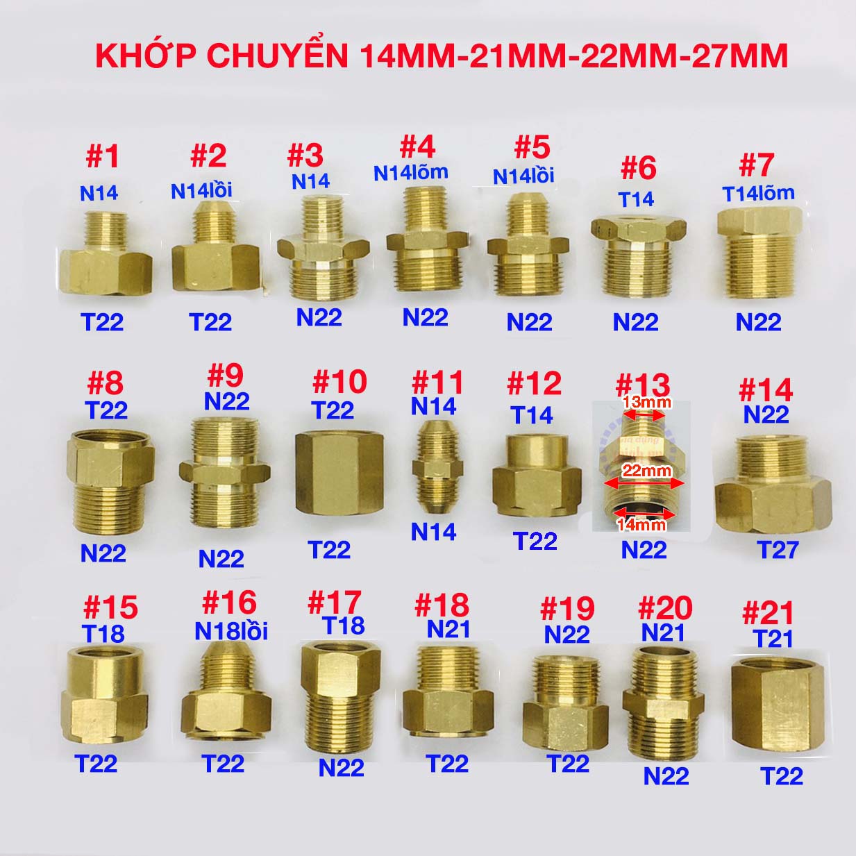 Tổng hợp các khớp chuyển ren 14mm 13mm 21mm 22mm 27mm - dùng cho các dòng máy rửa xe phổ biến