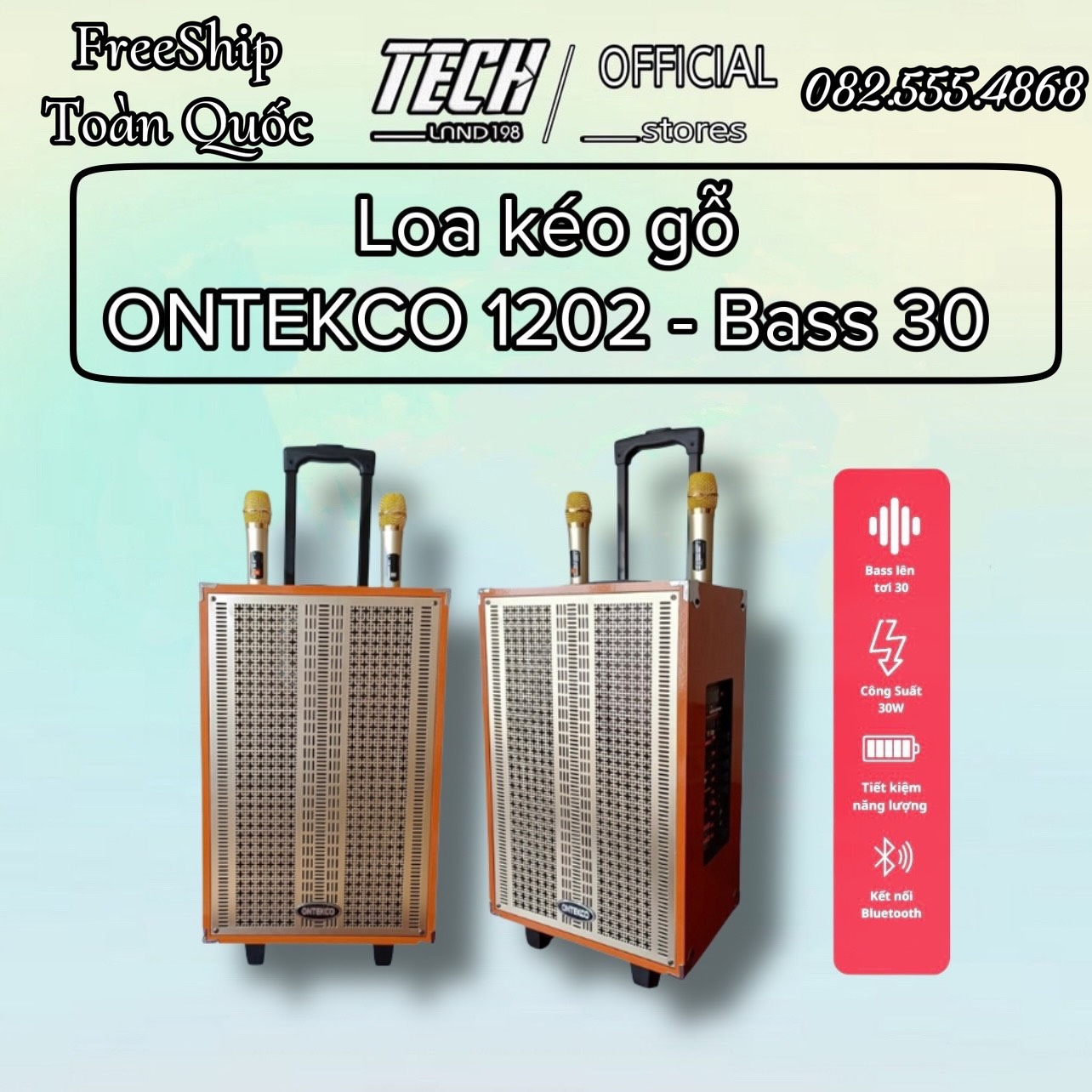 Loa kéo gỗ ONTEKCO 1202 kèm 2 micro không dây chuyên nghiệp, Bass 30 hát karaoke