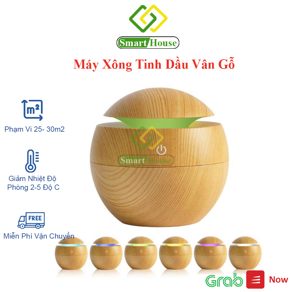 Máy xông tinh dầu gỗ tròn, máy xông tinh dầu phun sương vân gỗ smart house