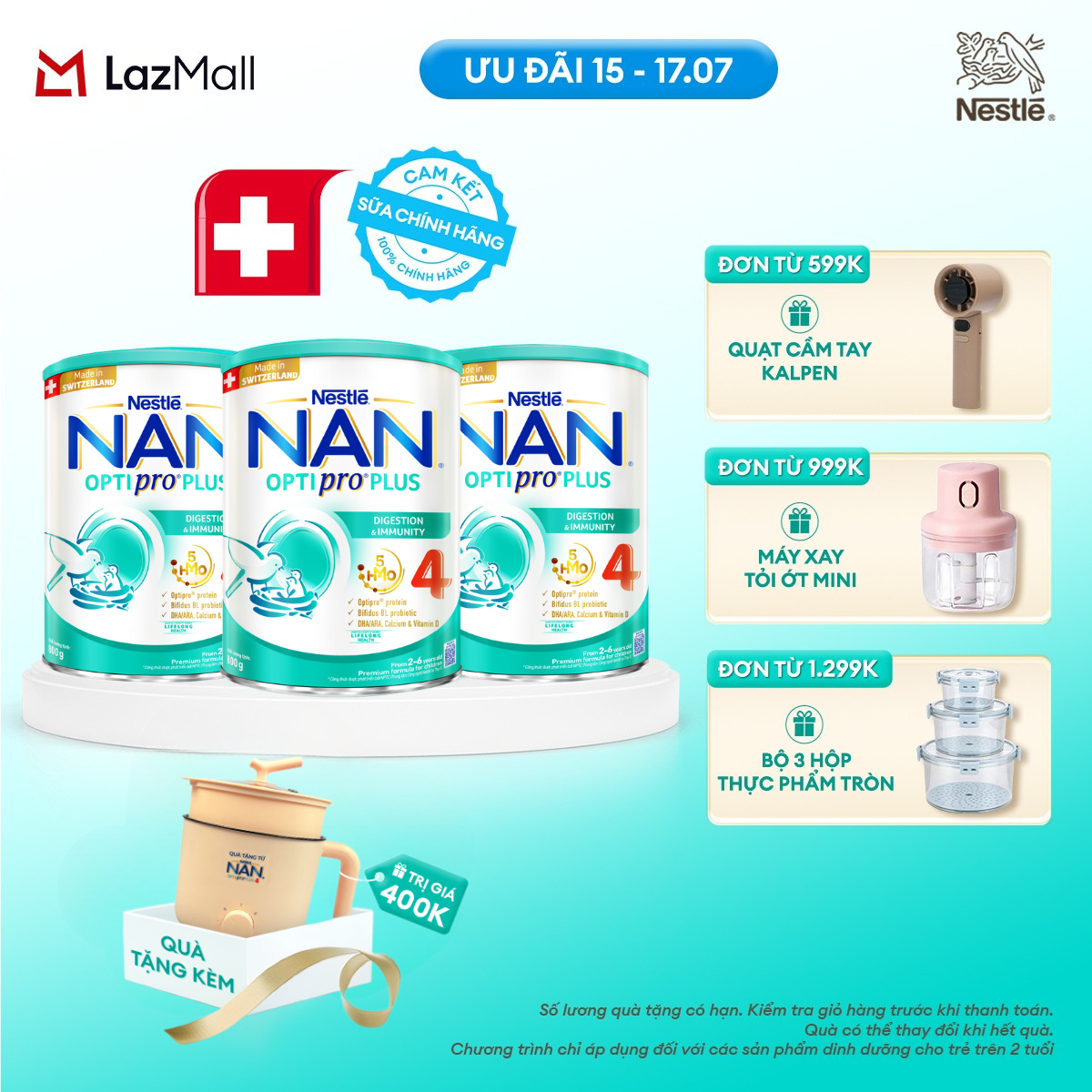 [CHỈ 15-17.07 QT ĐƠN 599K/999K/1299K][Tặng nồi đa năng Gaabor] Combo 3 lon Sữa bột Nestlé NAN OPTIPRO PLUS 4 800g/lon với 5HMO Giúp tiêu hóa tốt + Tăng cường đề kháng