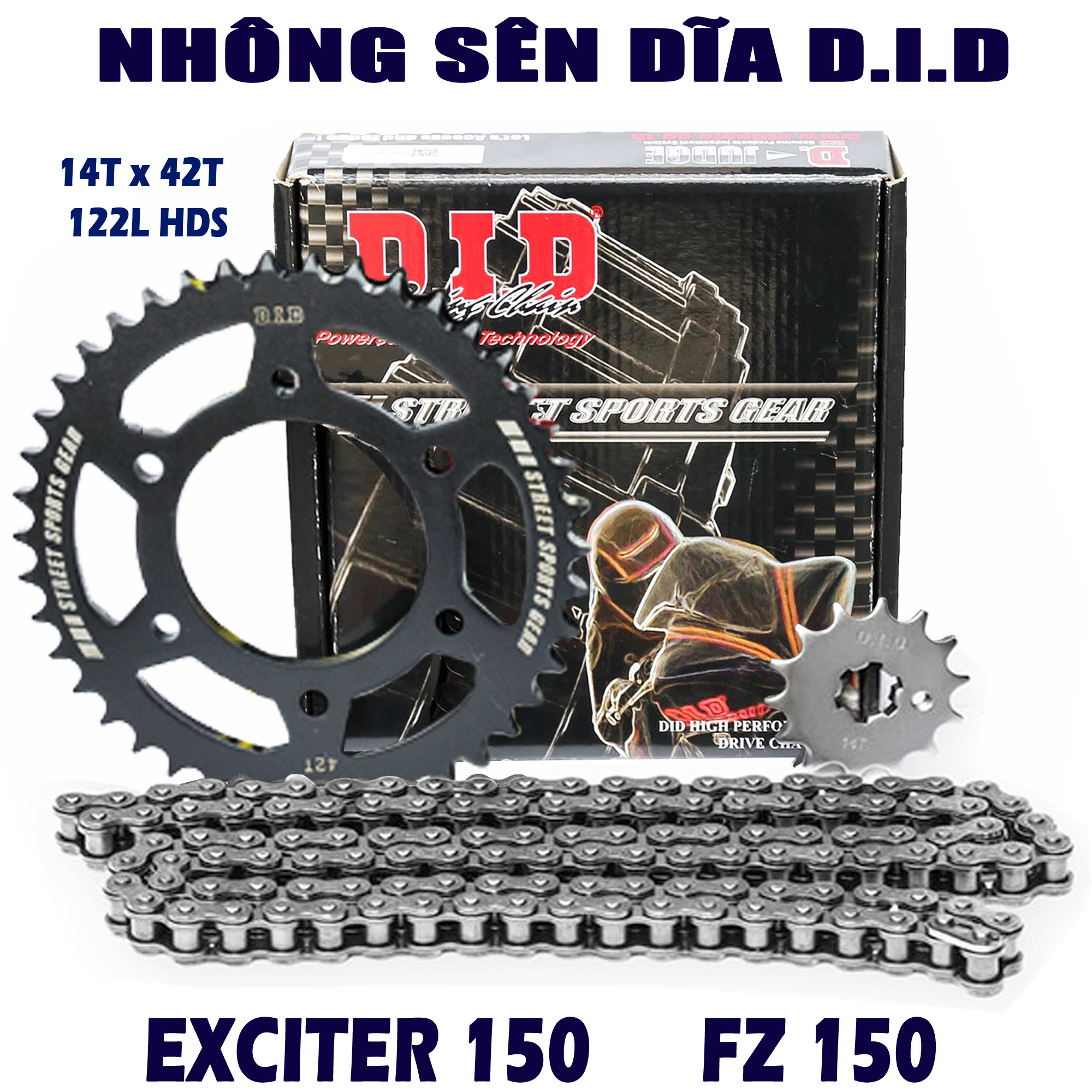 Nhông sên dĩa Exciter 150, FZ150 – Sên đen 10ly DID HDS - Thái Lan