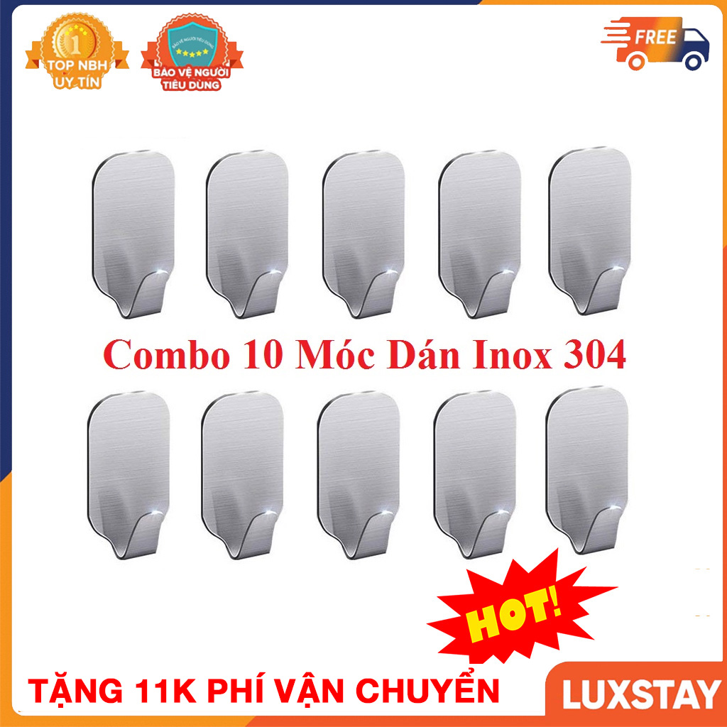 Combo 10 Móc Inox SUS304 Dán Tường Phòng Tắm, Phòng Bếp Tiện Lợi Không Gỉ Sét - Sử Dụng Keo 3M Không Cần Khoan, Móc Dán Tường Siêu Dính Tải Được Đến 10kg - Bảo hành 1 đổi 1