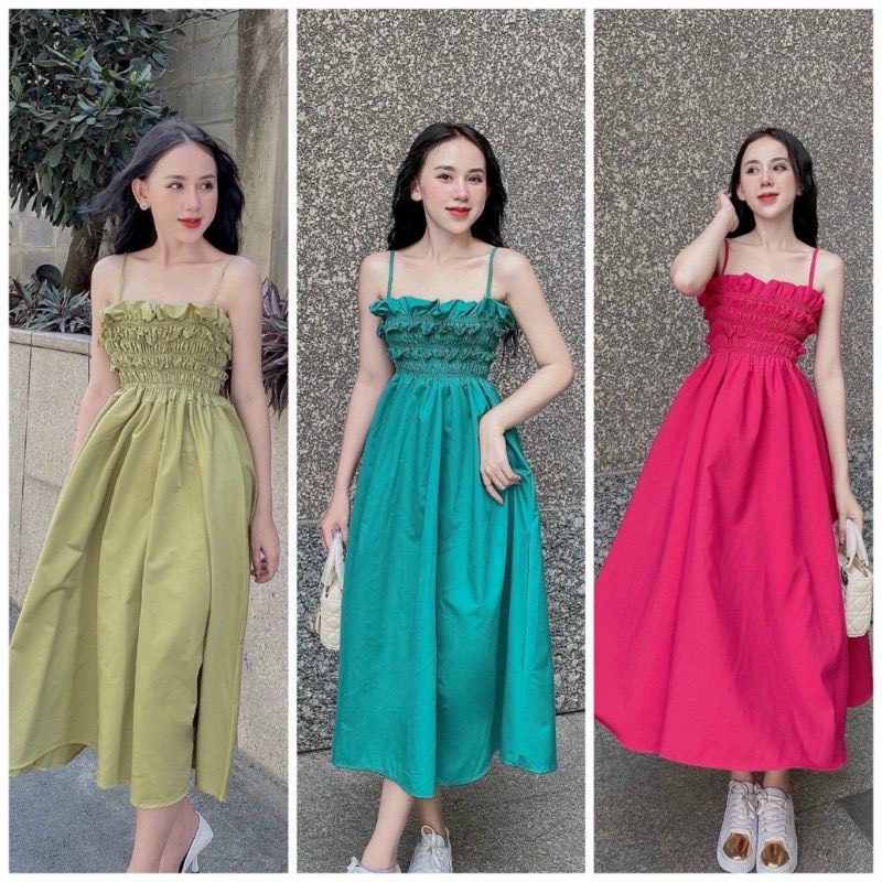 Đầm maxi đi biển 2 dây nhún ngực cột dây nơ lưng mùa hè Ulzzang - Thảo Pi Shop