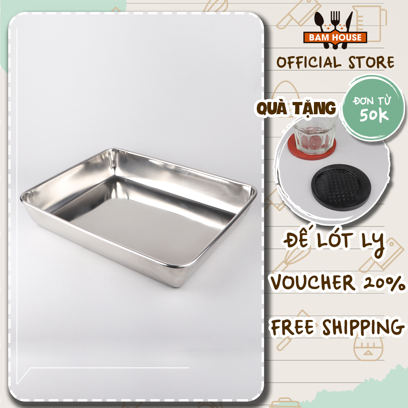 [HCM]Khay đựng thức ăn và làm bánh inox 304 Bam House sáng bóng cao cấp KB01 – Super Đơn