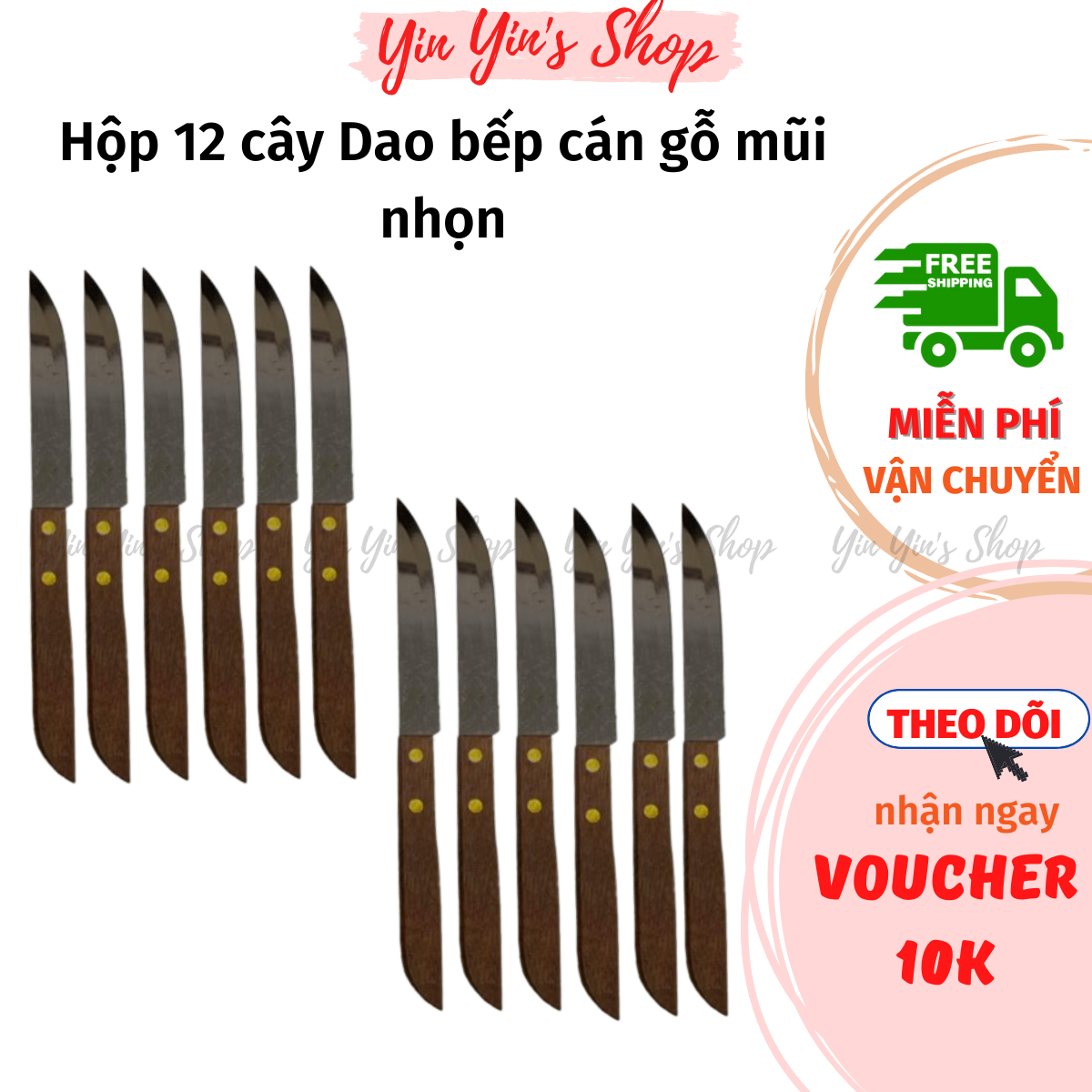 Hộp 12 Cây Dao Bếp Cán Gỗ Mũi Nhọn 501 Chất Liệu Inox, Dao Gọt Trái Cây Rau Quả Siêu Bén