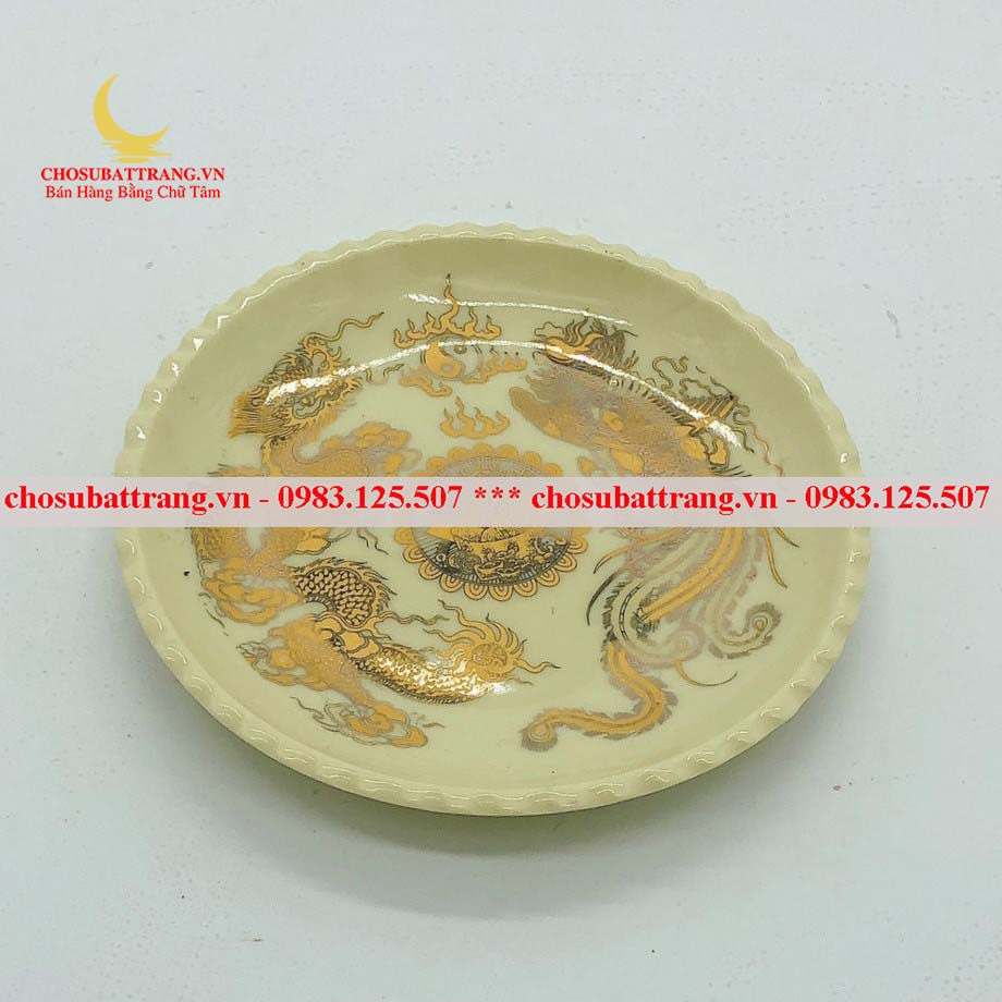 Đĩa đựng trầu cau men vàng kim long phụng