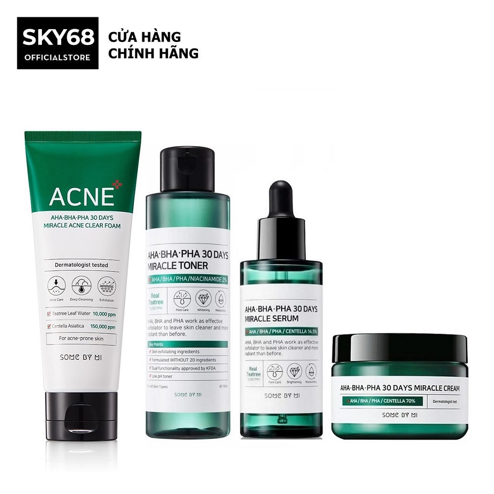 Bộ 4 Sản Phẩm Dưỡng Da Giảm Mụn Some By Mi AHA-BHA-PHA 30 Days Miracle (SRM Acne 100ml + Toner 150ml + Serum 50ml + Kem 50ml)