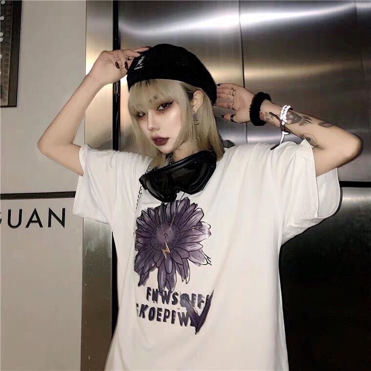 Aó thun nữ form dài rộng tay lỡ Unisex HOA CÚC XÁM freesize 45 - 70kg áo thun nam form rộng tay lỡ, áo phông nữ form rộng