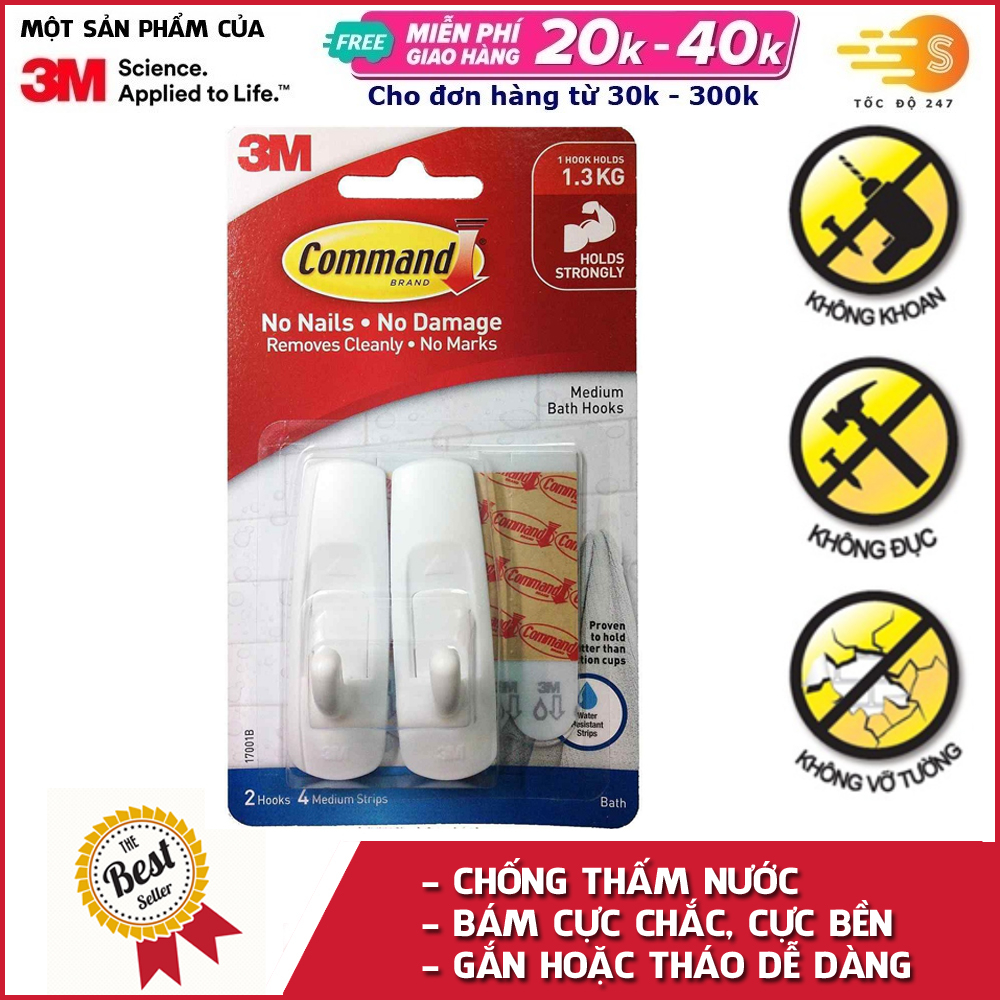 Bộ 2 móc treo tường cường lực siêu dính chống thấm nước 1.3kg Command 3M 17001B - Tốc độ 247 chống thấm nước bám cực chắc cực bền