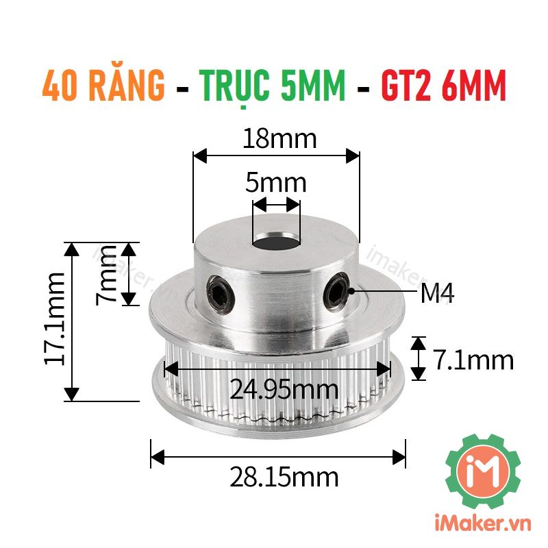 Puly gt2, bánh răng gt2 40 răng bản 6mm trục 5mm, 6.35mm, 8mm