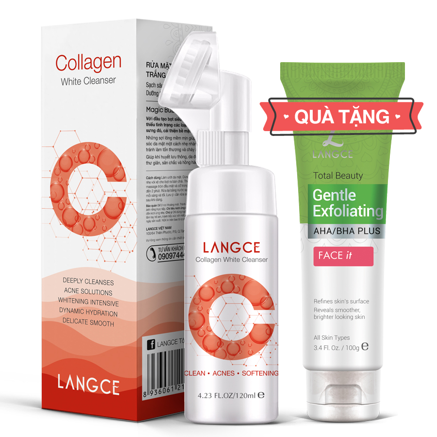 Collagen rửa mặt cọ massage trắng da 120ml hộp đỏ tặng tẩy tế bào chết da mặt trà xanh 100ml langce