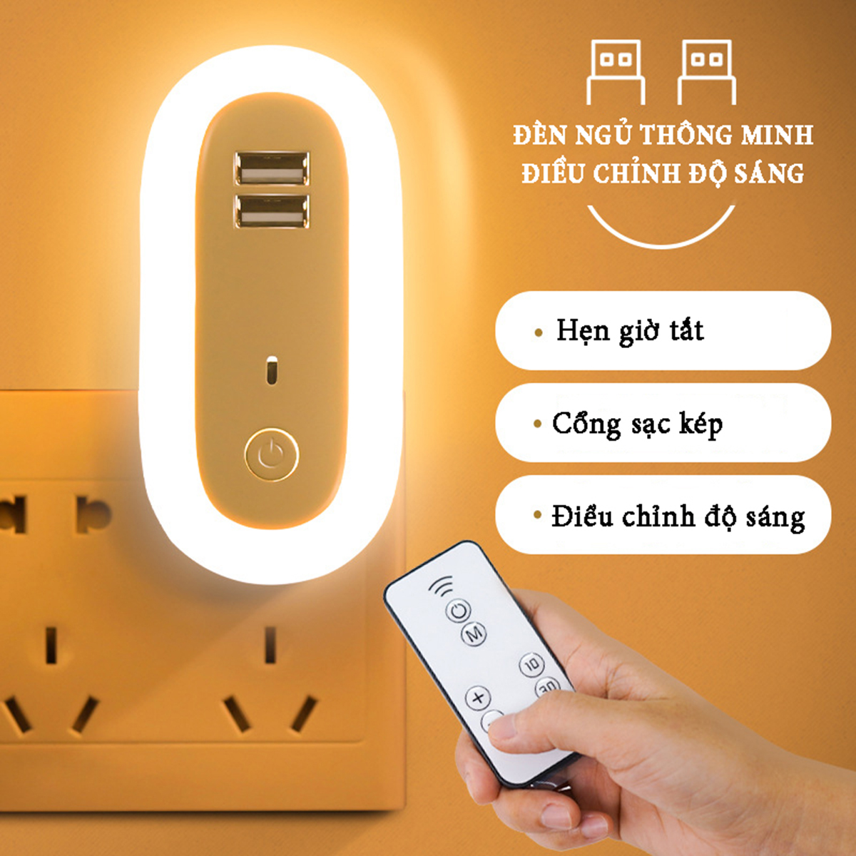  Đèn ngủ thông minh điều chỉnh độ sáng 10 cấp độ với 3 chế độ sáng tích hợp cổng sạc kép 5V2.1A có remoss điều khiển từ xa 