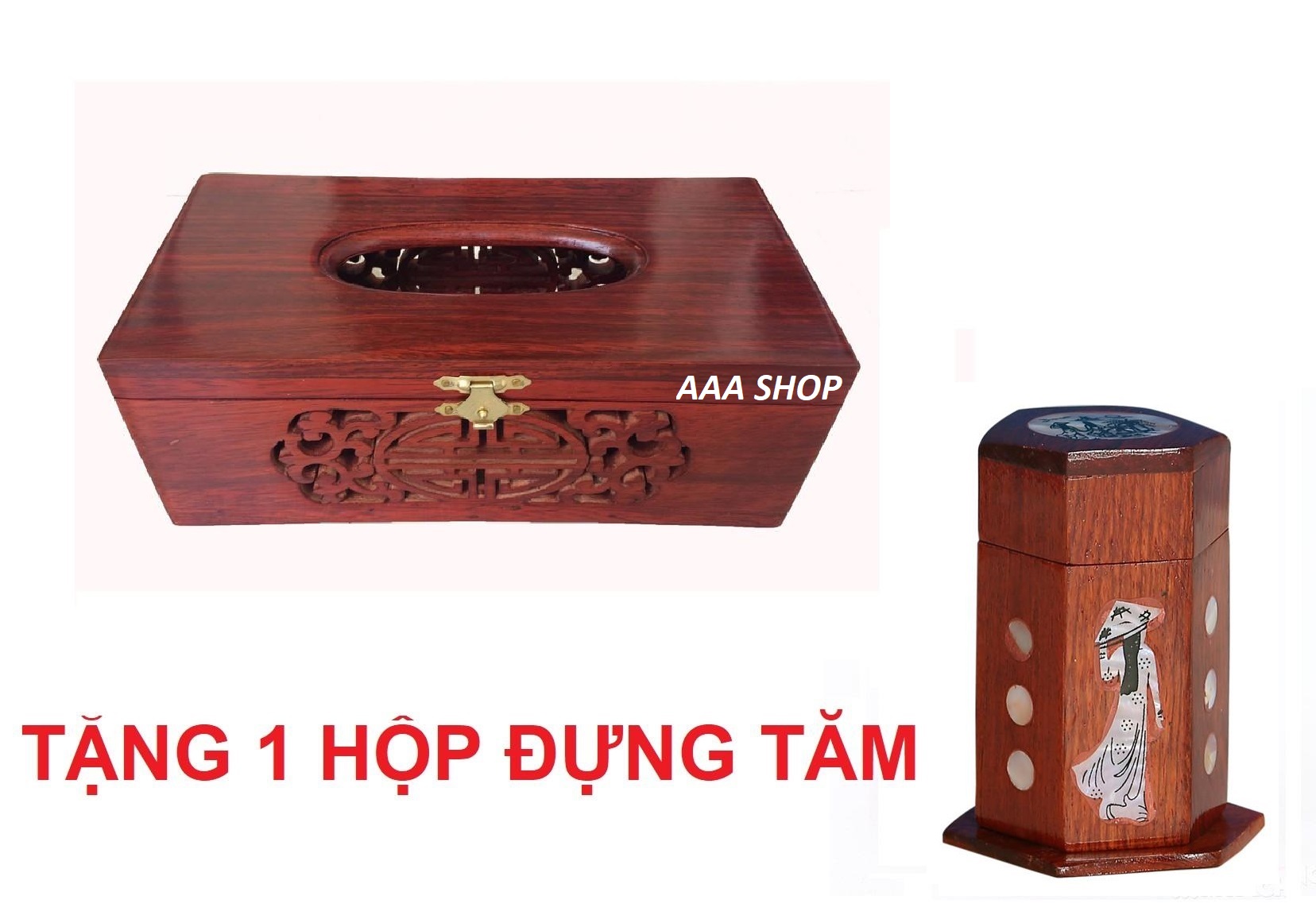 Hộp đựng khăn giấy gỗ HƯƠNG đỏ đục 2 bên tặng kèm ống tăm khảm hình cô gái