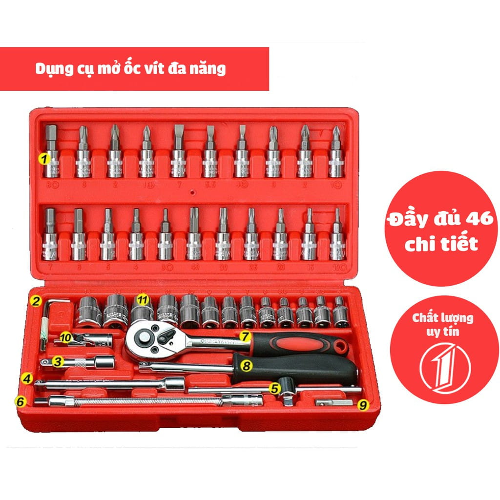 Bộ Dụng Cụ 46 Chi Tiết Mở Bu Lông Ốc Vít - Bộ Sửa Chữa Ô Tô Xe Máy - Bộ Sửa Chữa Đa Năng.
