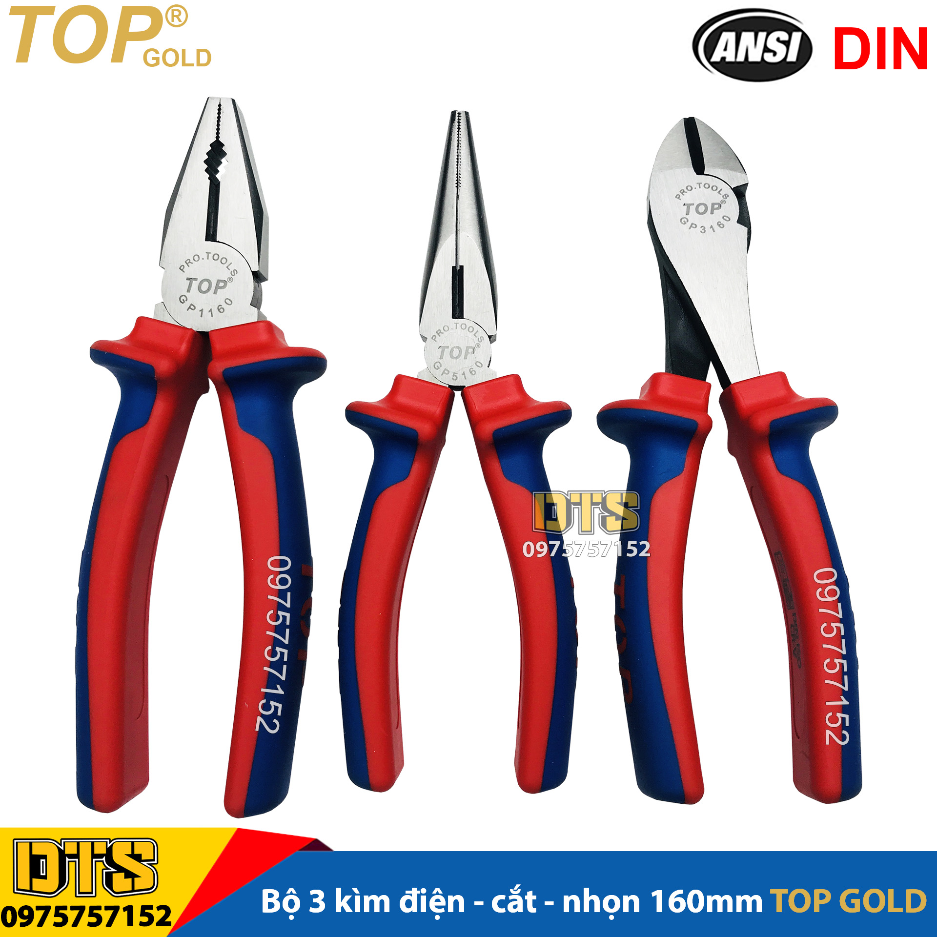 Bộ 3 kìm điện -  kìm cắt - kìm nhọn trợ lực chuyên nghiệp TOP GOLD 160mm, thép Hi-Cr cao cấp, thiết kế cộng lực tiết kiệm 50% lực, kìm đa năng cao cấp, kềm mỏ nhọn, kềm răng tổ hợp, kềm cắt chuyên dụng